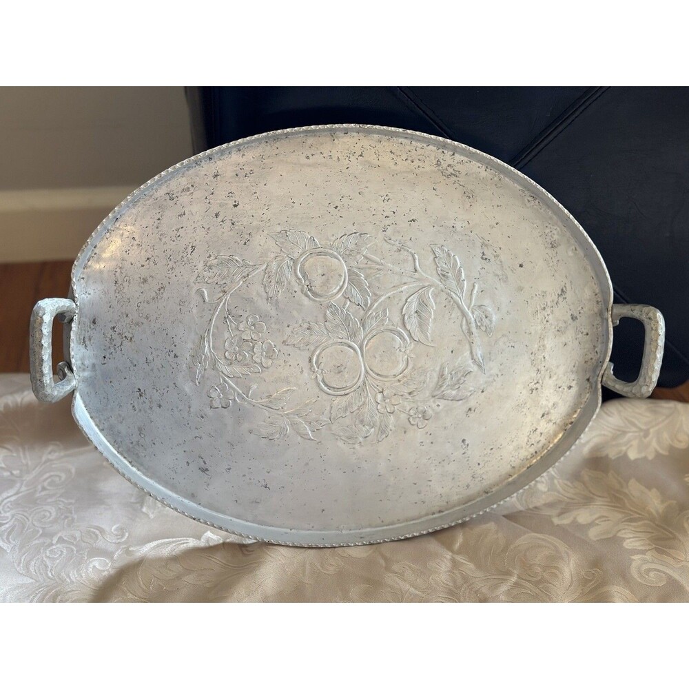 Vintage Silver plated Tin Punched Serving Platter Hand Forged Everlast Metal